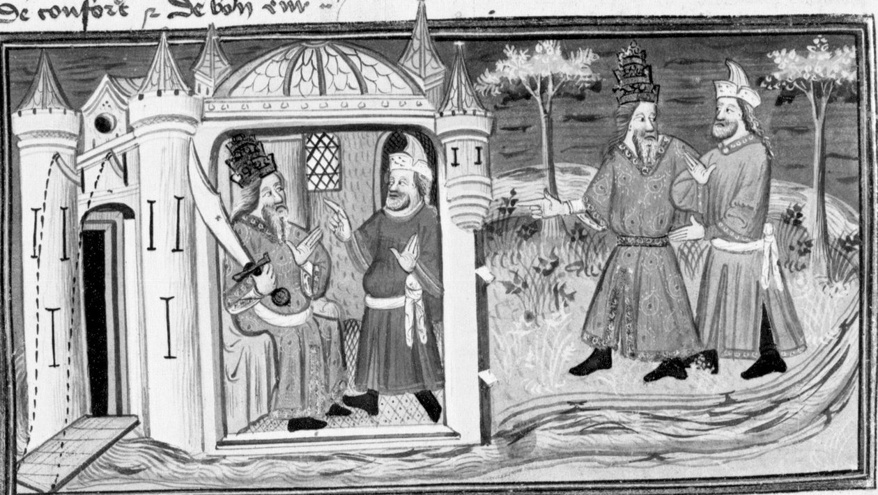 V Dekameronu Melchisedech vypráví Saladinovi podobenství o třech prstenech; oba muži se spřátelí. První den, povídka 3. od Giovanni Boccaccio