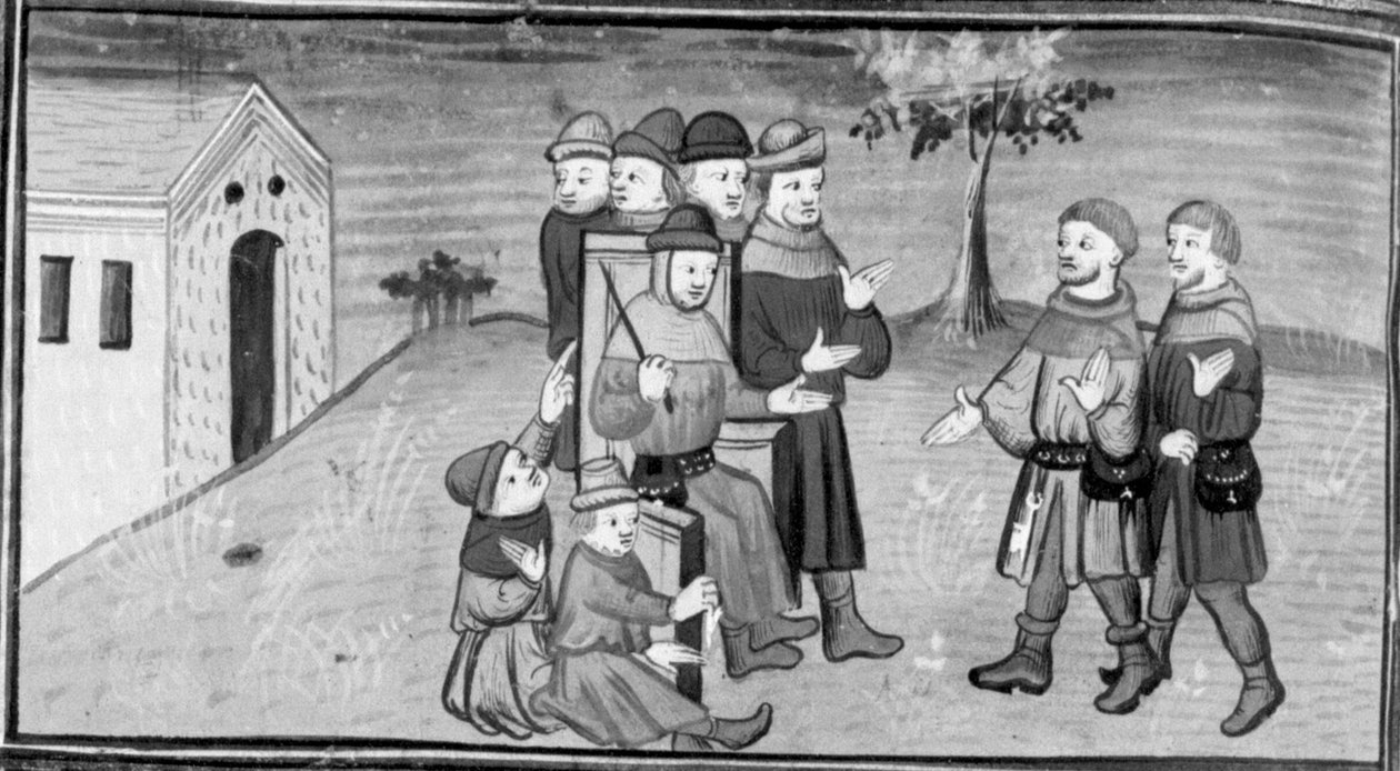 Decameron, Ribi a Maso del Saggio odvádějí pozornost soudce Nicoly, zatímco si Matteuzzo stahuje kalhoty. Den osmý, novinka 5 od Giovanni Boccaccio