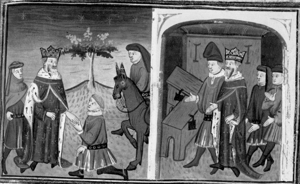 V Dekameronu Ruggieri opouští krále Alfonsa; král vyzve Ruggieriho, aby si vybral mezi dvěma truhlicemi. Desátý den, povídka 1 od Giovanni Boccaccio