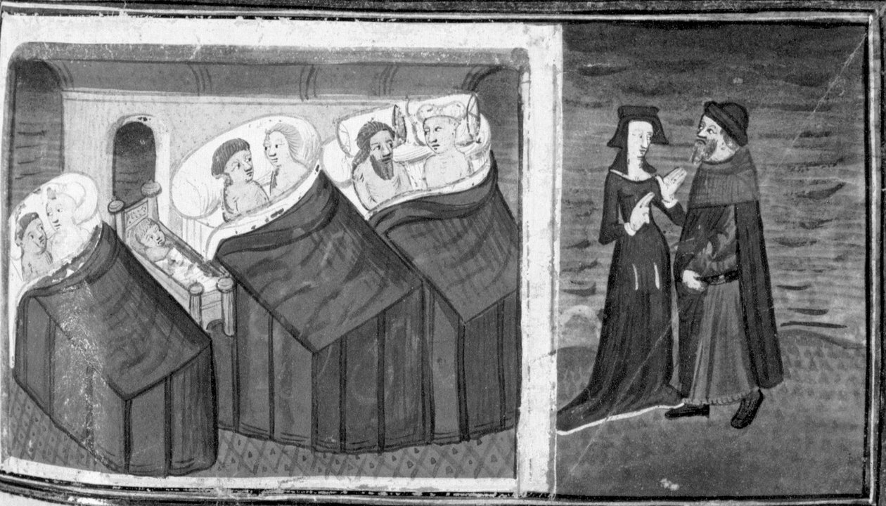 Dekameron, Tři páry spí v pokoji; hostinský mluví se svou ženou. Devátý den, povídka 6 od Giovanni Boccaccio