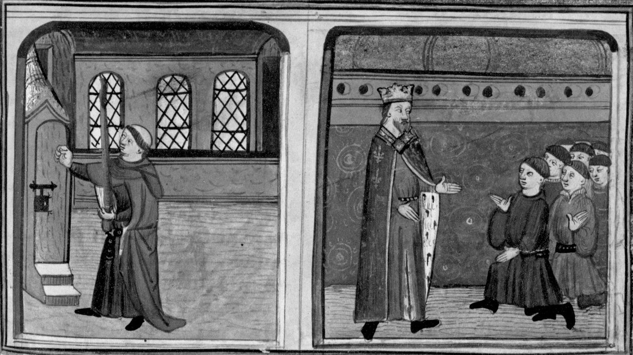 Dekameron, Ženich zaklepe na královniny dveře v přestrojení za krále; král se postaví svým služebníkům. Třetí den, povídka 2 od Giovanni Boccaccio
