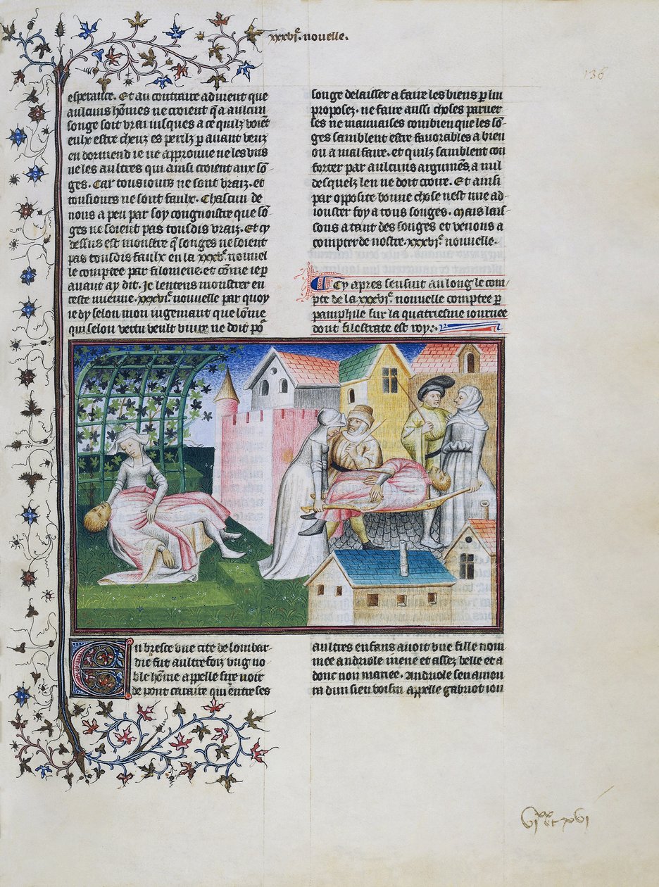 Gabriotto umírá v náručí Andreuoly, Andreuola přivádí jeho tělo domů a je zatčena, Andreuola je prohlášena za nevinnou a stává se jeptiškou, miniaturou Dekameronu, čtvrtý den, šestý příběh, od Giovanniho Boccaccia (1313-1375) od Giovanni Boccaccio