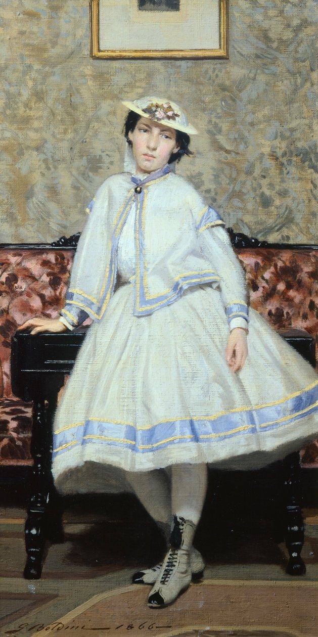 Alaide Banti v bílé od Giovanniho Boldiniho (1842-1931), olej na plátně, 42x23 cm od Giovanni Boldini