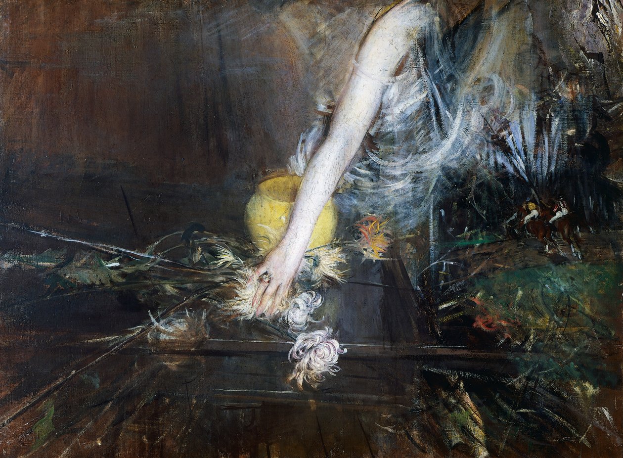 Rameno s vázou na květiny, cca 1910, od Giovanniho Boldiniho (1842-1931), olej na plátně. Itálie, 20. století. od Giovanni Boldini