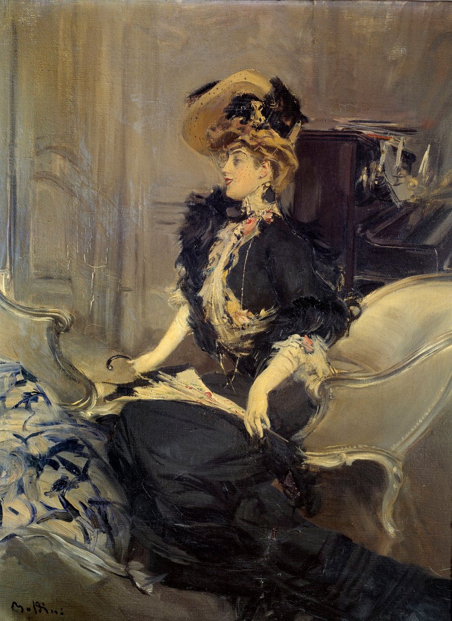 Belle Epoque: “” návštěva””” Elegantní mladá žena ve večerních šatech. Obraz Giovanni Boldini od Giovanni Boldini
