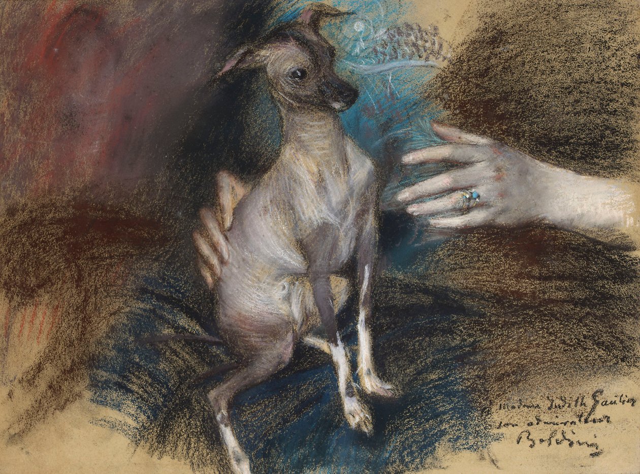 Elegantní dáma se psem (pastel a uhl na papíře) od Giovanni Boldini