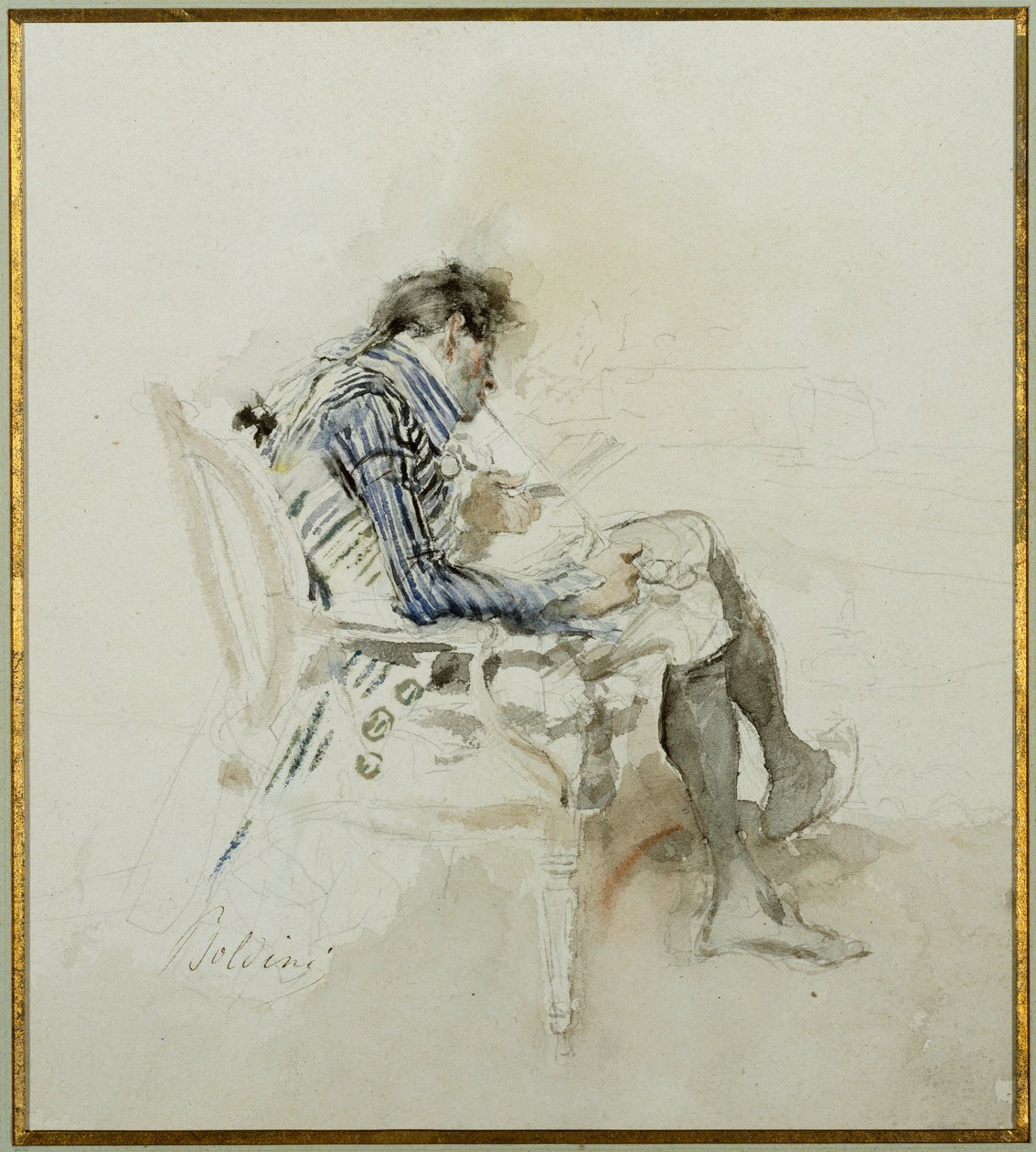 Gentleman sedící v křesle čte knihu a kouří dýmku od Giovanni Boldini