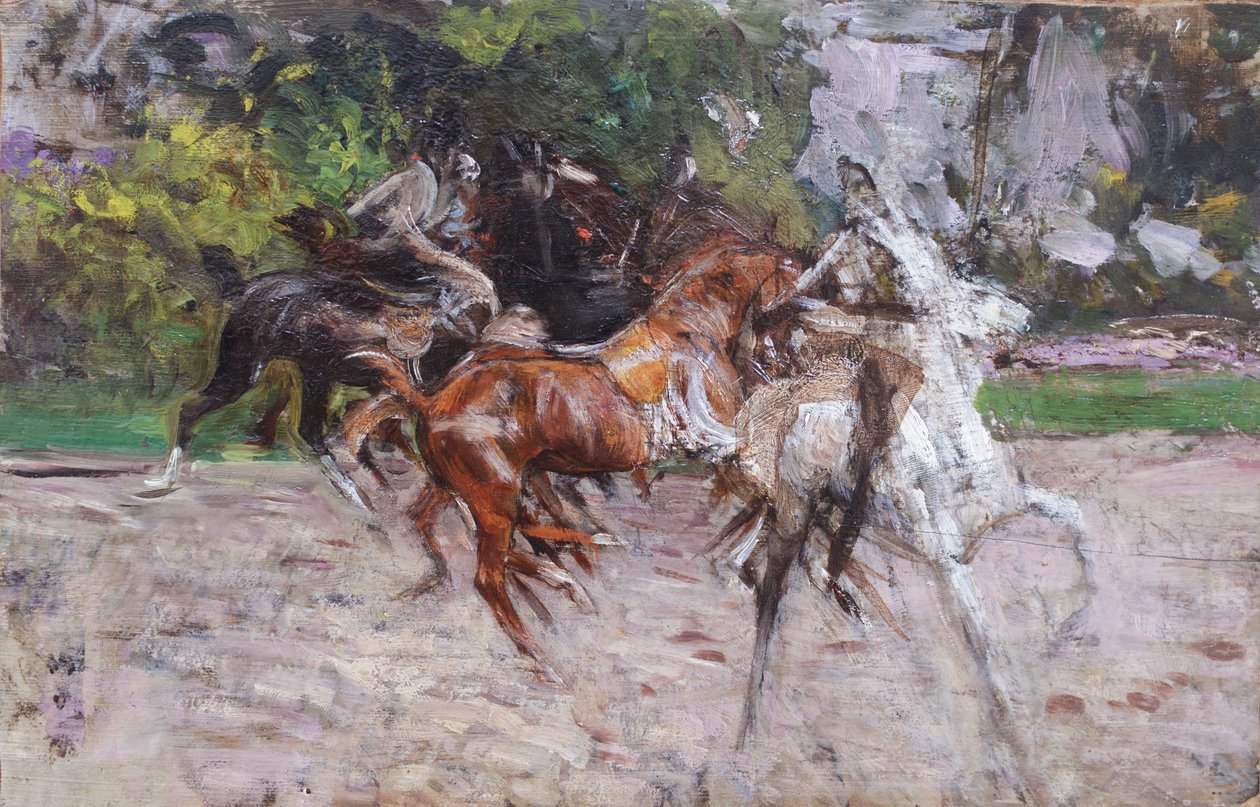 Koně v Bouloňském lesíku, asi 1885 (olej na desce) od Giovanni Boldini