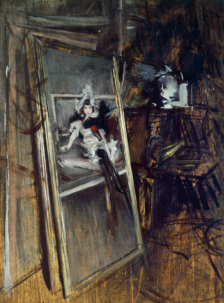 Uvnitř malířského ateliéru s obrazem Mladá dívka, Errazuriz, od Giovanniho Boldiniho (1842-1931) od Giovanni Boldini