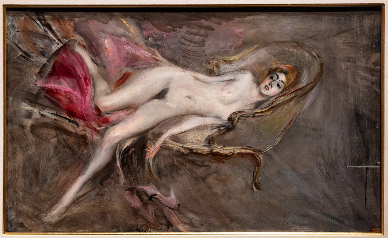 Nahá žena na růžové polštáře od Giovanni Boldini