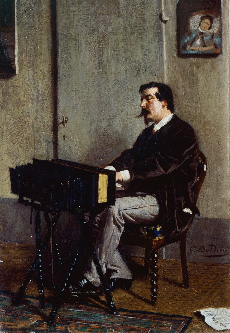 Malíř Cristiano Banti na harmoniu od Giovanniho Boldiniho (1842-1931), olej na plátně, 28x19 cm od Giovanni Boldini