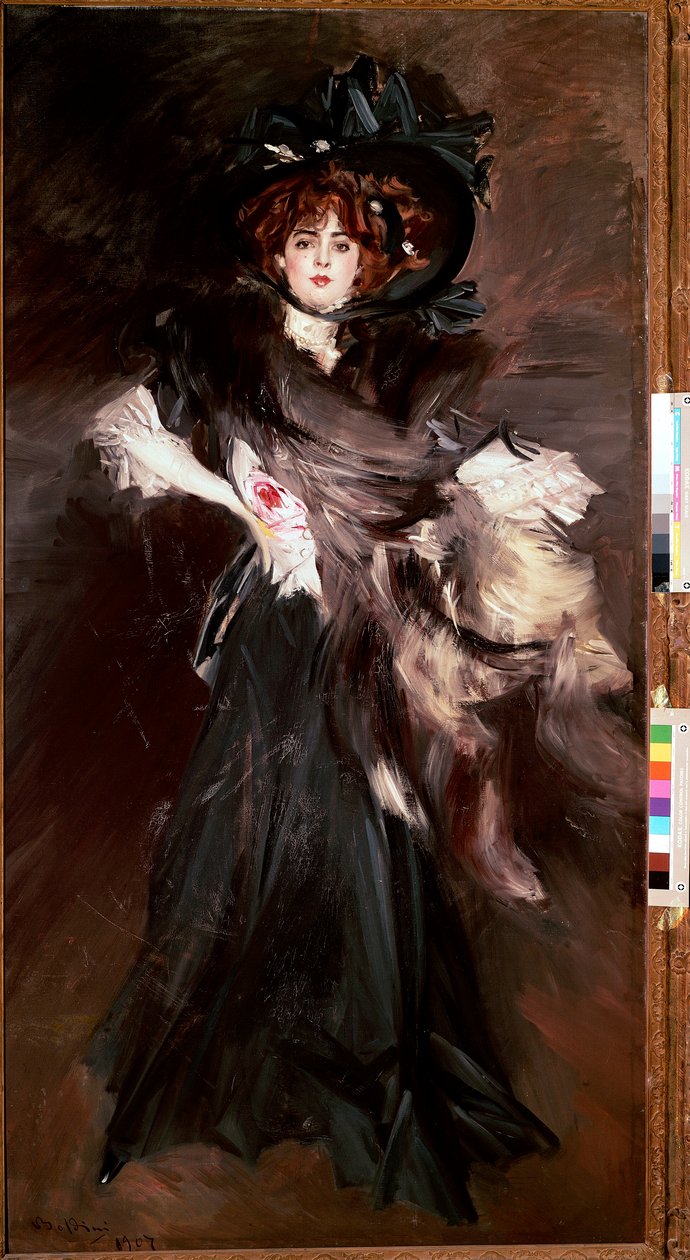 Portrét mademoiselle Lantelme Mladá žena se obléká do černé módy Belle Epoque. Obraz Giovanni Boldini (1842-1931) 1907 Ne. 227x118 cm Řím, Galleria Nazionale d
