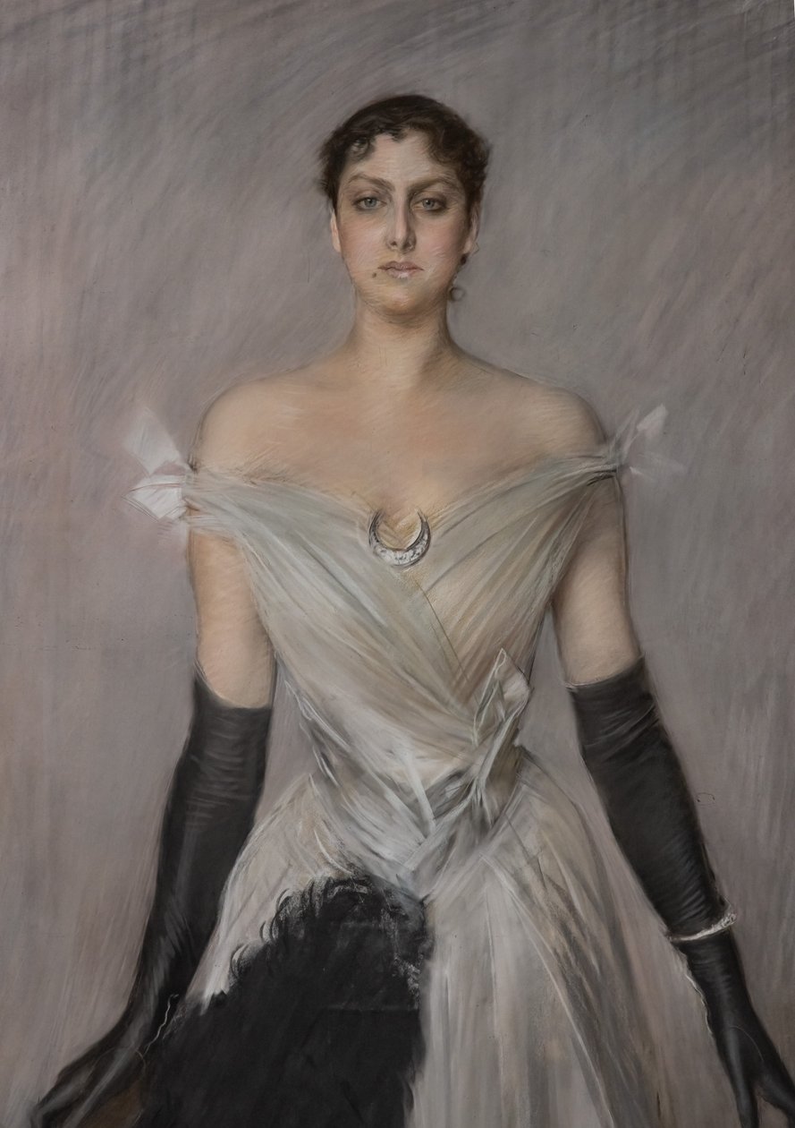 Portrét dámy v bílém s rukavicemi a ventilátorem, detail od Giovanni Boldini