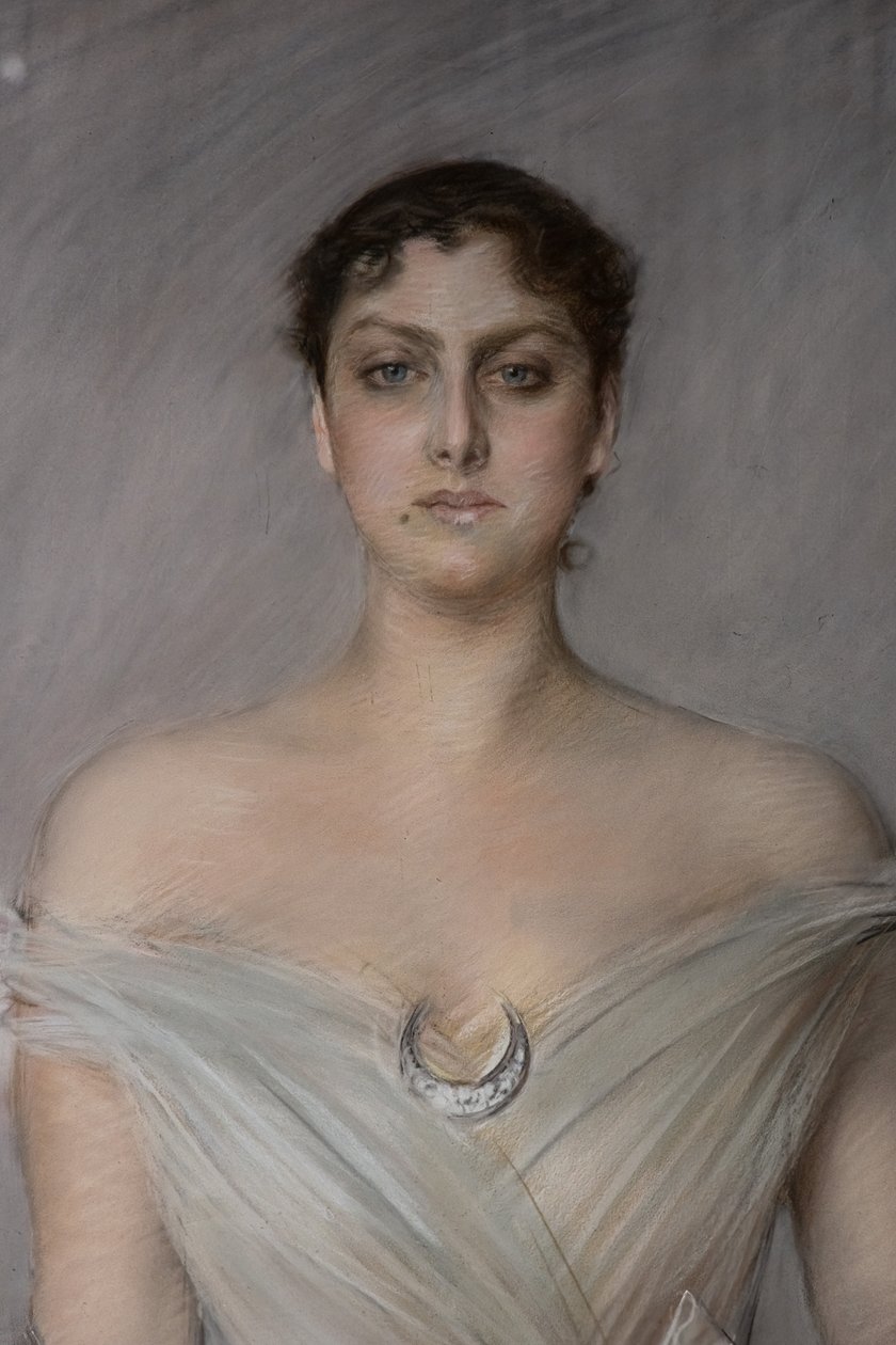 Portrét dámy v bílém s rukavicemi a ventilátorem, detail od Giovanni Boldini