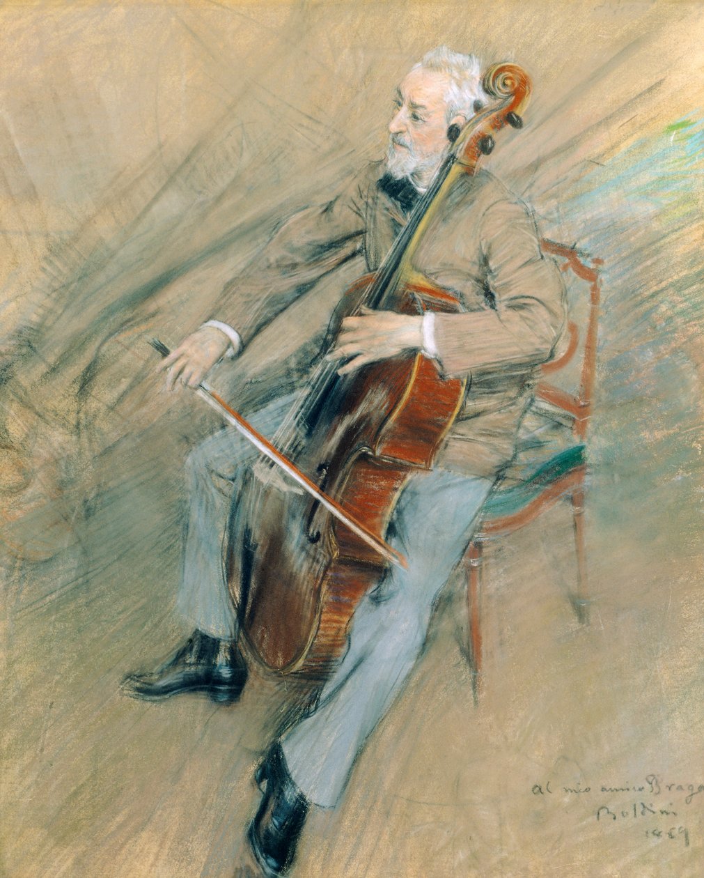 Portrét violoncellisty Gaetana Bragy od Giovanni Boldini