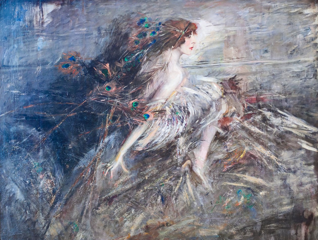 Portrét markýze Casati s pavími pery od Giovanni Boldini