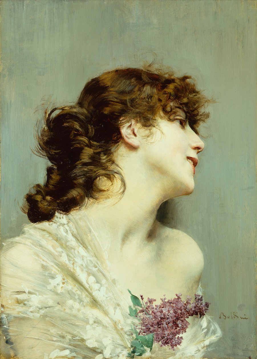 Profil mladé ženy (olej na panelu) od Giovanni Boldini