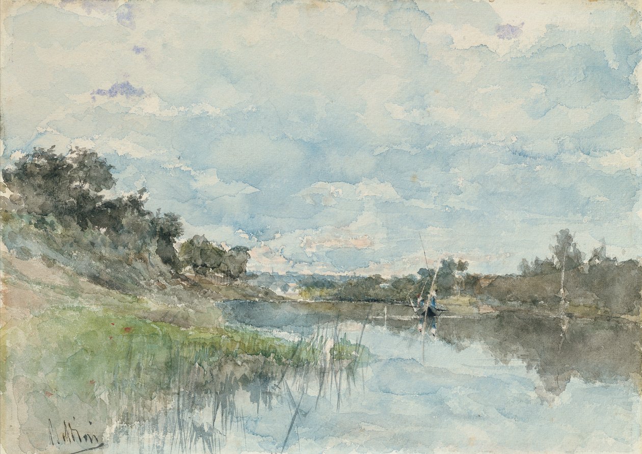 Říční krajina s rybářskou lodí (akvarel) od Giovanni Boldini