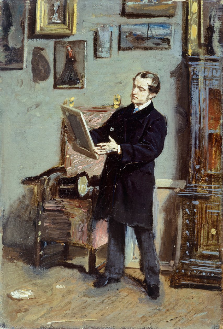 Autoportrét Giovanniho Boldiniho při pohledu na obraz, asi 1865, autor Giovanni Boldini (1842-1931), olej na plátně, 32x22,5 cm. od Giovanni Boldini