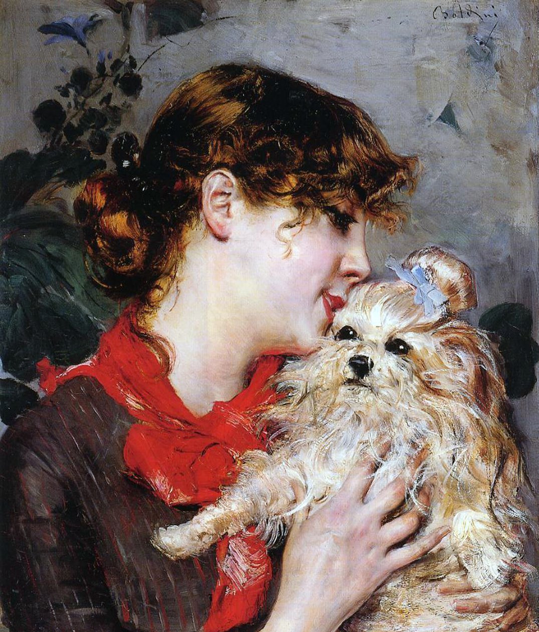 Herečka Rejane a její pes, kolem roku 1885 (olej na panelu) od Giovanni Boldini