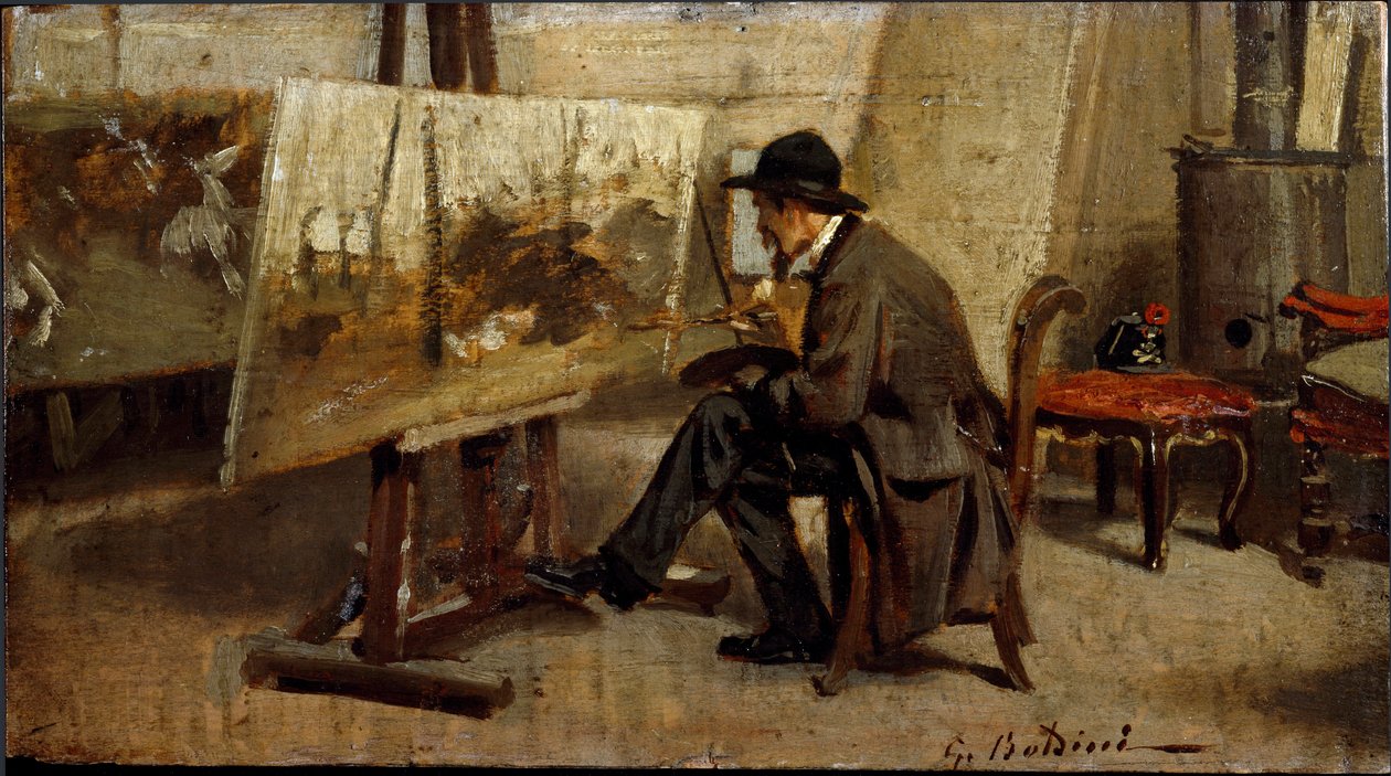 Malíř Giovanni Fattori ve své dílně Painting připisoval Giovanni Boldinimu (1842-1931) 1863-1869 Sun. 13x24 cm soukromá sbírka Milán od Giovanni Boldini
