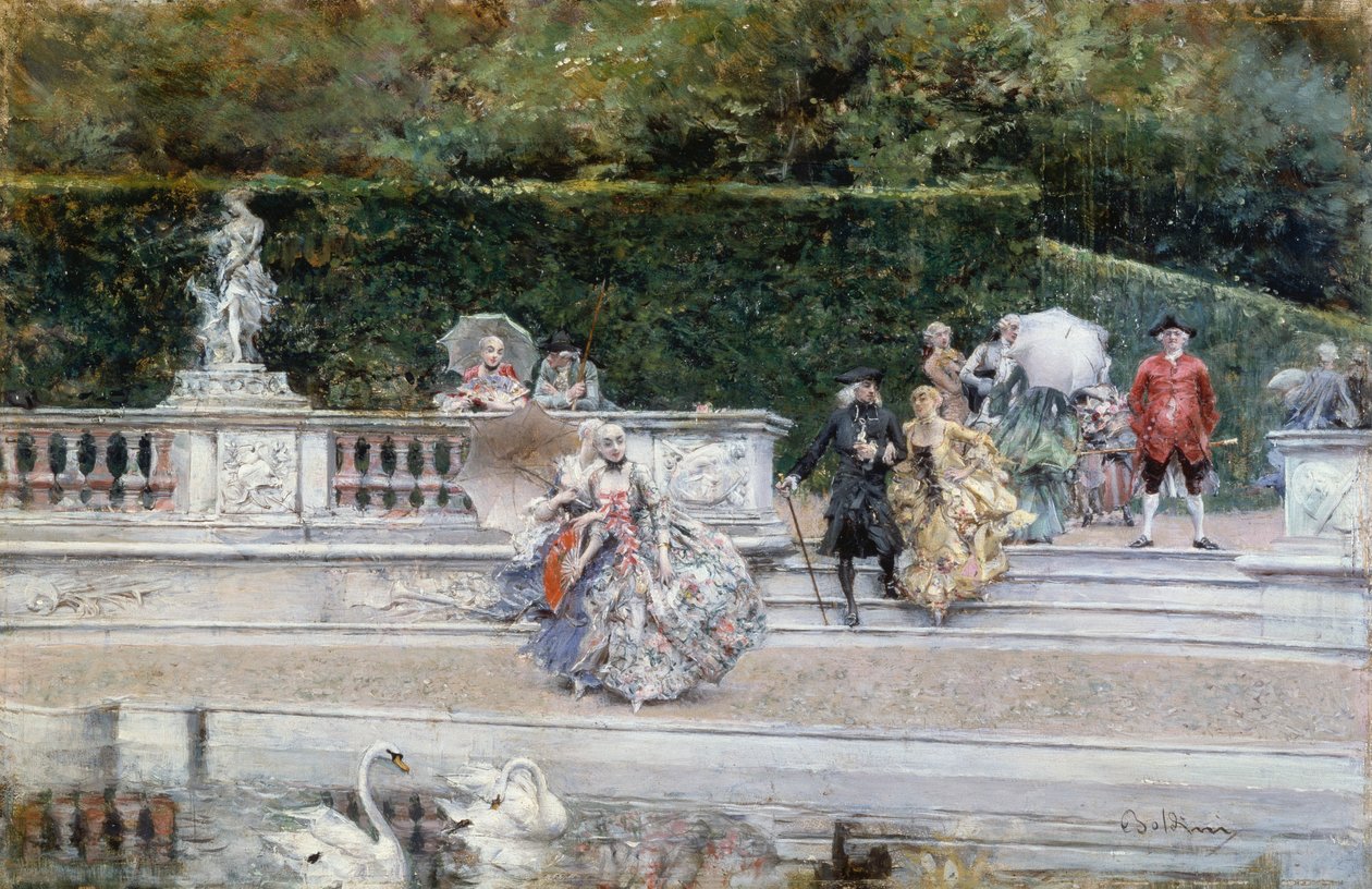 Pohled na zahradu Versailles s lidmi oblečenými v oděvu z osmnáctého století, od Giovanniho Boldiniho (1842-1931), olej na panelu od Giovanni Boldini
