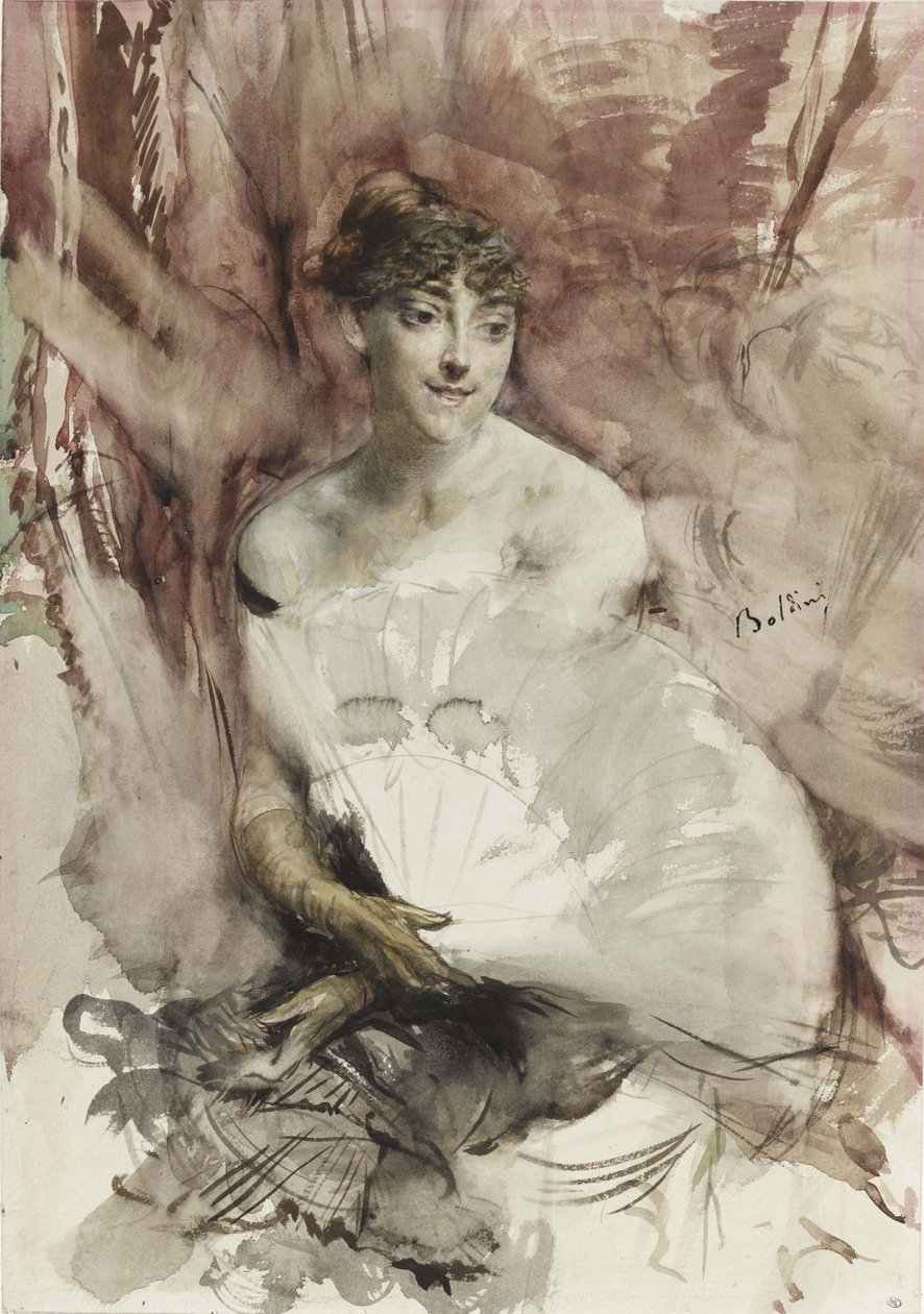 Žena s ventilátorem sedící v divadelním boxu Countess of Rasti, asi 1878 od Giovanni Boldini