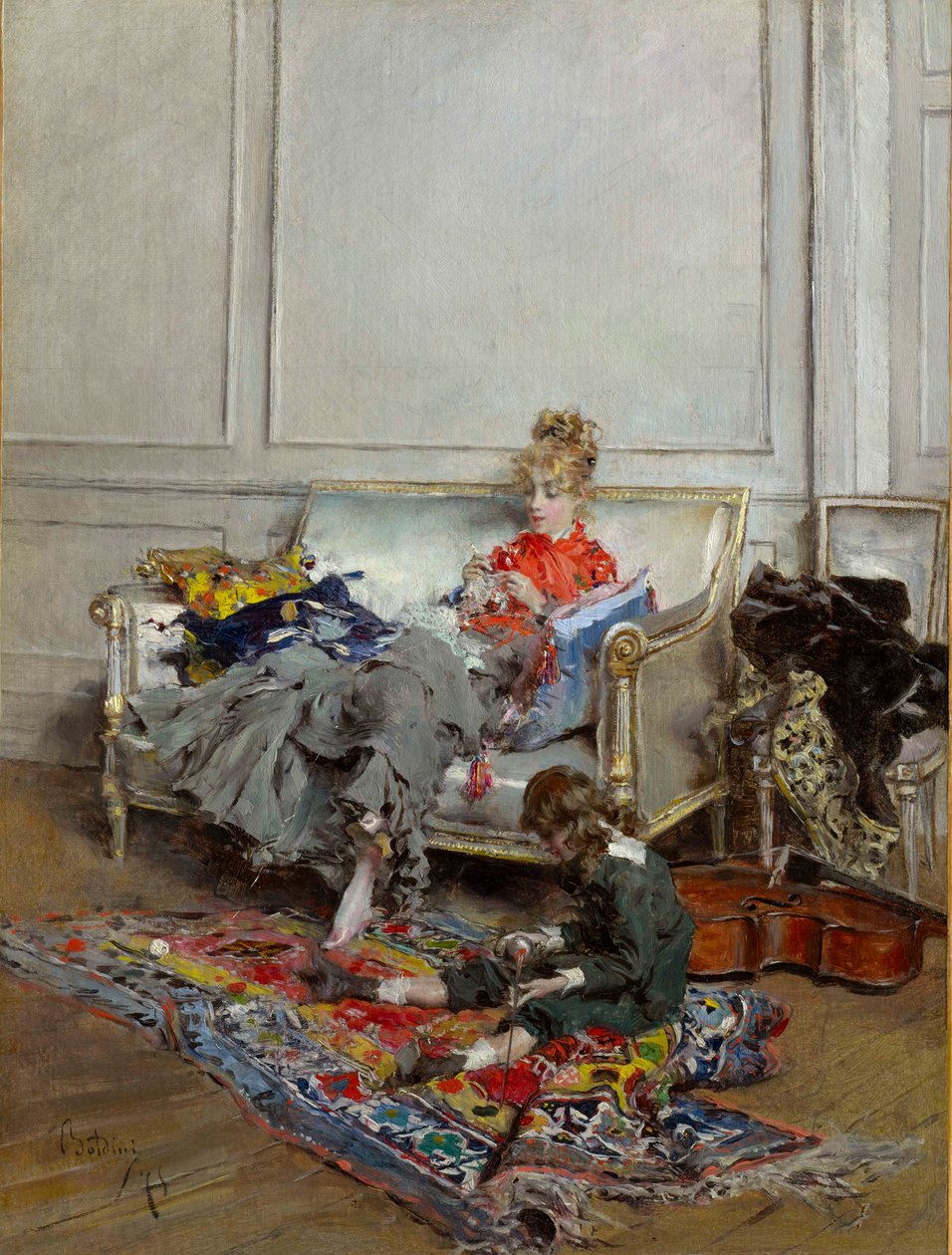 Mladá žena háčkující od Giovanni Boldini