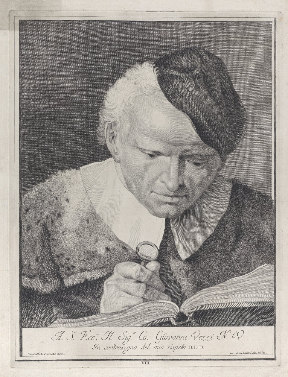 Muž v klobouku čte knihu s lupou, 1743. od Giovanni Cattini