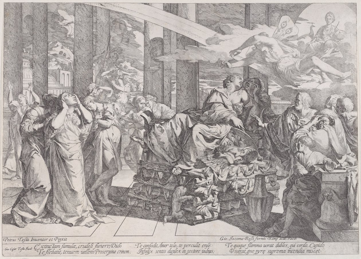 Sebevražda Dido, která leží na hranici uprostřed, obklopená mnoha postavami, 1650-55. od Giovanni Cesare Testa