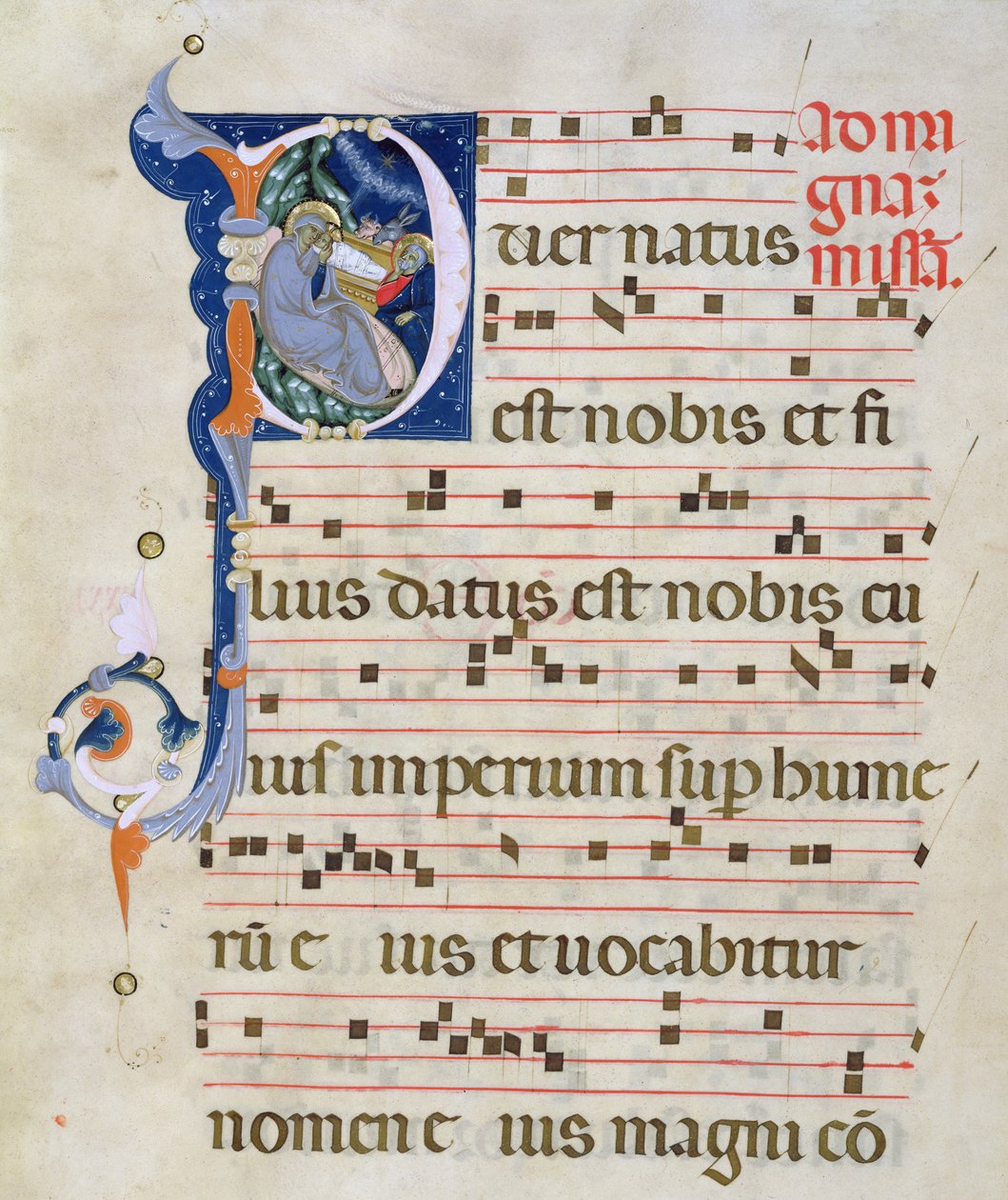 Ms 561 Page s historickou iniciálou „P“ zobrazující Narození Páně, z graduálu z kláštera San Jacopo di Ripoli, počátek 14. století (podrobnosti viz 78849) od Giovanni Cimabue
