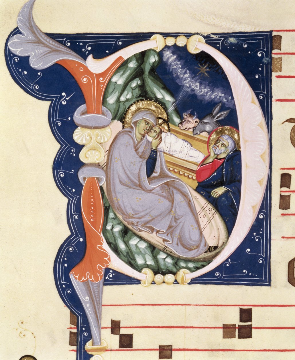 Ms 561 f.31v Historická iniciála „D“ zobrazující Narození Páně, z graduálu z kláštera San Jacopo di Ripoli, počátek 14. století od Giovanni Cimabue