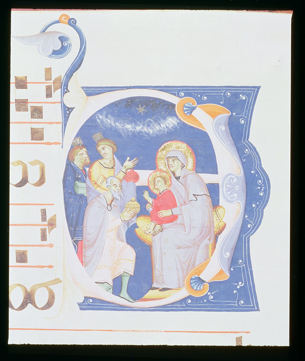 Ms 561 f.37r Historická iniciála „O“ zobrazující Klanění tří králů, z graduálu z kláštera San Jacopo di Ripoli, počátek 14. století od Giovanni Cimabue