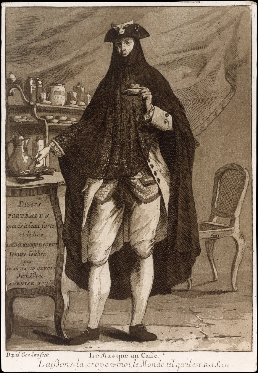 Muž v masce pije šálek kávy Le Masque au Caffé, 1775. od Giovanni David