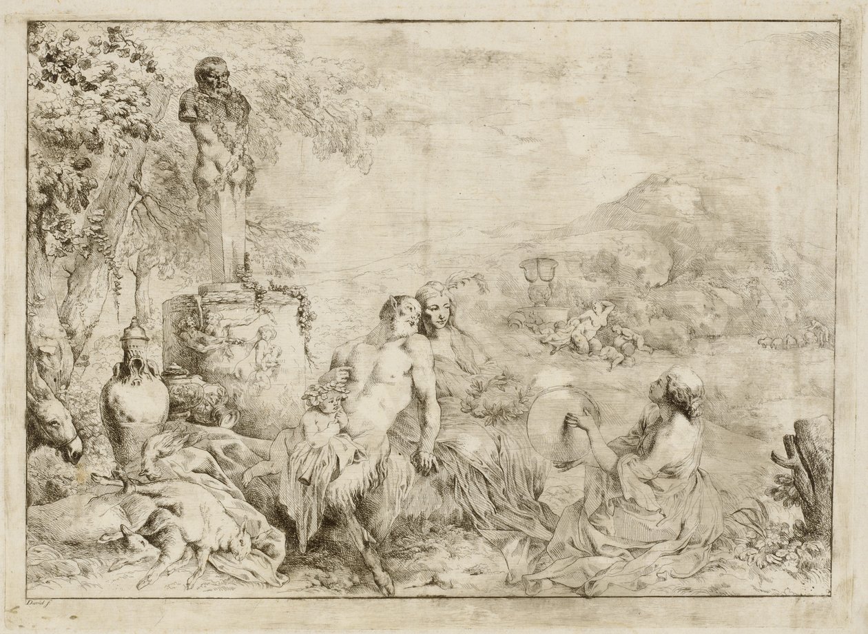 Krajina s rodinou satyrů a klasickou plastikou od Giovanni David after Giovanni Benedetto Castiglione