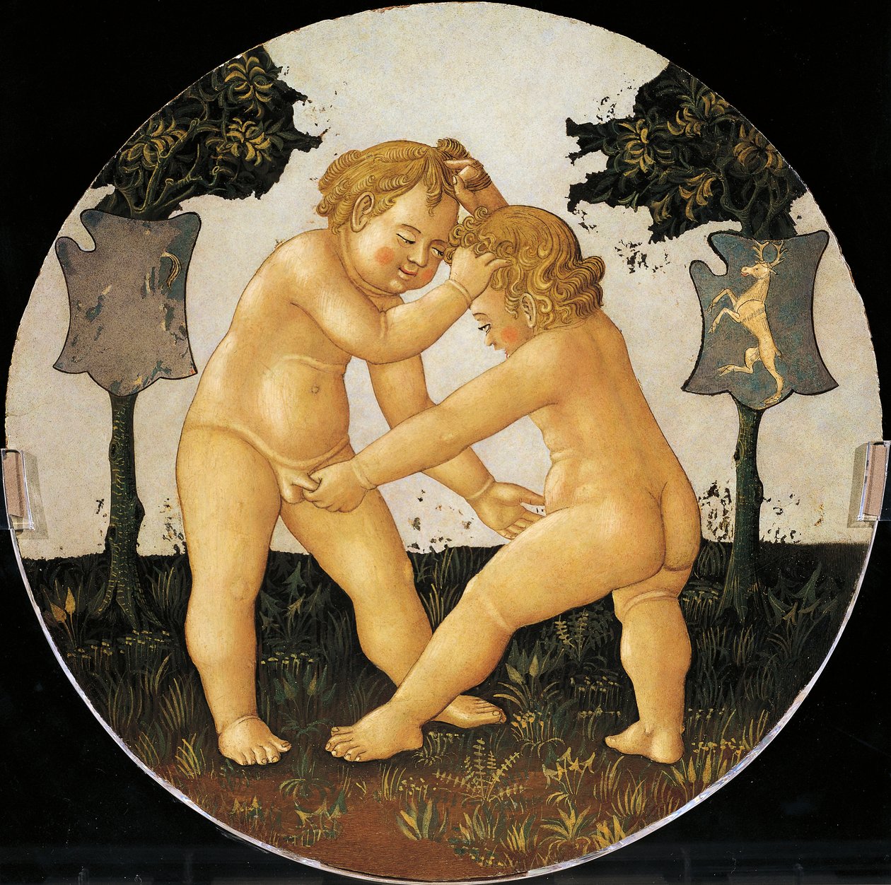 Hra na putti, detail ze zadní strany porodního tácu (kulatý obraz), cca 1450, od Giovanniho di Ser Giovanni, známého jako Lo Scheggia (1406-1486), tempera na dřevě od Giovanni Di Ser Giovanni Lo Scheggia Guidi