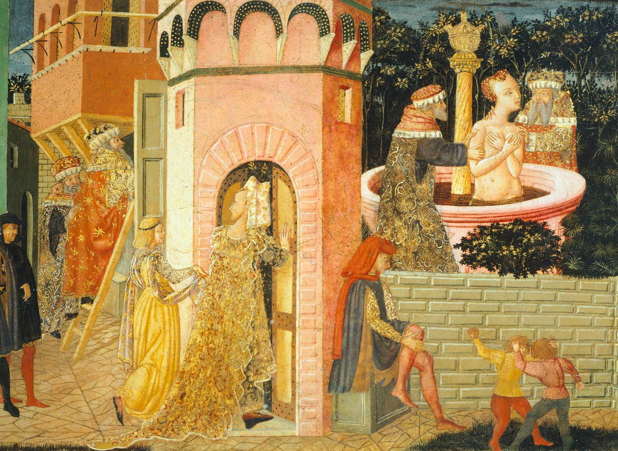 Stories of Susanne, cca 1450, pravá strana malované truhly od Giovanniho di Ser Giovanni, známého jako Lo Scheggia (1406-1486), tempera na panelu, Detail od Giovanni Di Ser Giovanni Lo Scheggia Guidi