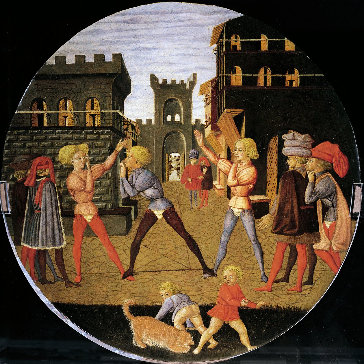 hra zvaná civettino, detail z přední strany porodního tácu (kulatý obraz), cca 1450, od Giovanniho di Ser Giovanni, známého jako Lo Scheggia (1406-1486), tempera na dřevě od Giovanni Di Ser Giovanni Lo Scheggia Guidi