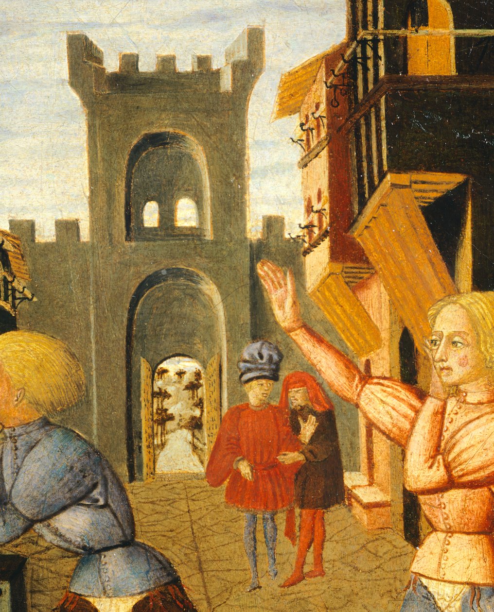 hra zvaná civettino, detail pravé strany porodního tácu (kulatý obraz), cca 1450, od Giovanniho di Ser Giovanni, známého jako Lo Scheggia (1406-1486), tempera na panelu od Giovanni Di Ser Giovanni Lo Scheggia Guidi