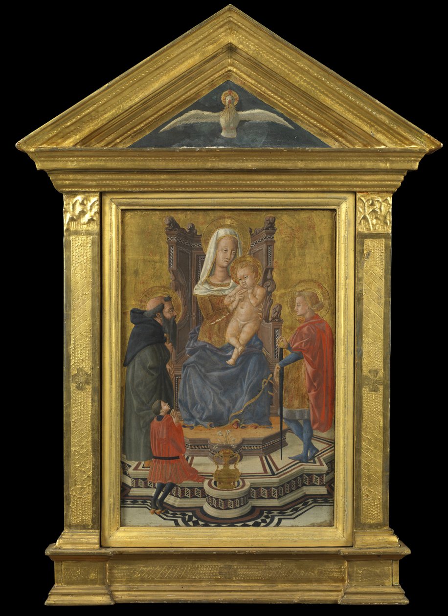 Panna a dítě na trůnu, se svatými Anthonym Abbotem a Julianem a dárcem (štít nahoře - Duch svatý), kolem 1430 (tempera na panelu) od Giovanni Di Ser Giovanni Lo Sheggia (attr. to) Guidi