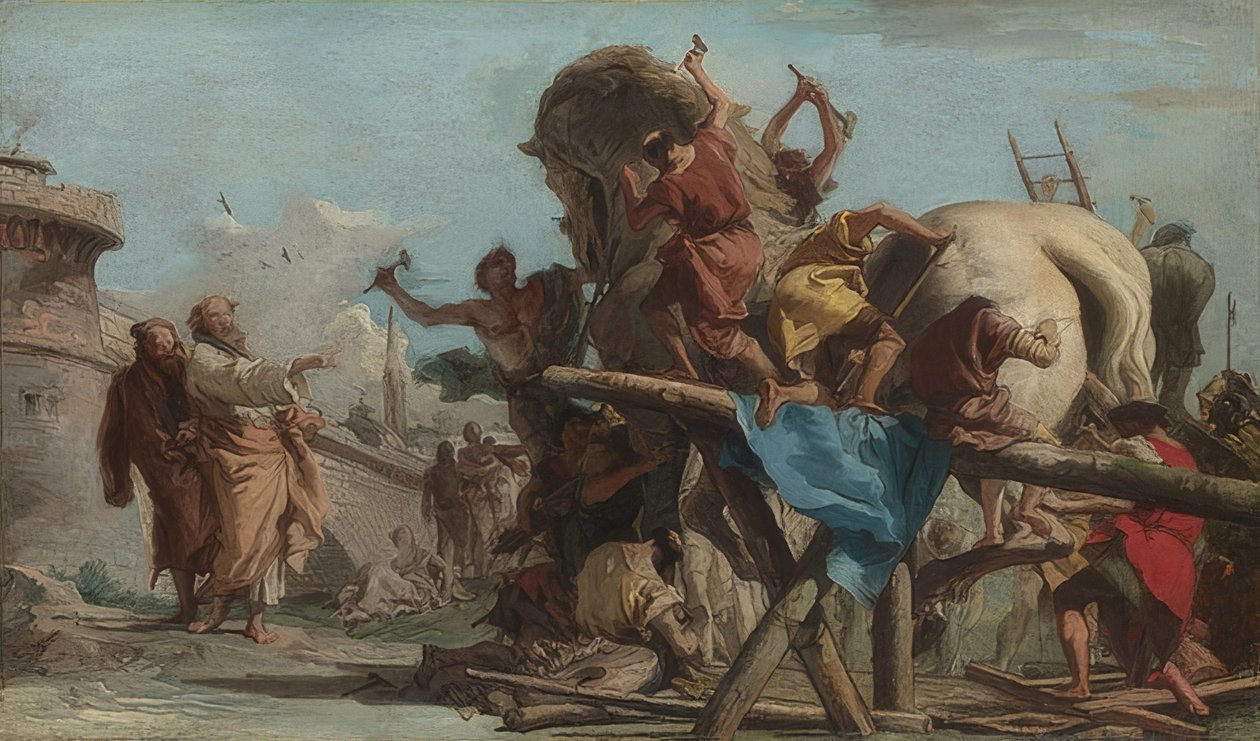 Stavba trojského koně. Kolem roku 1760 od Giovanni Domenico Tiepolo