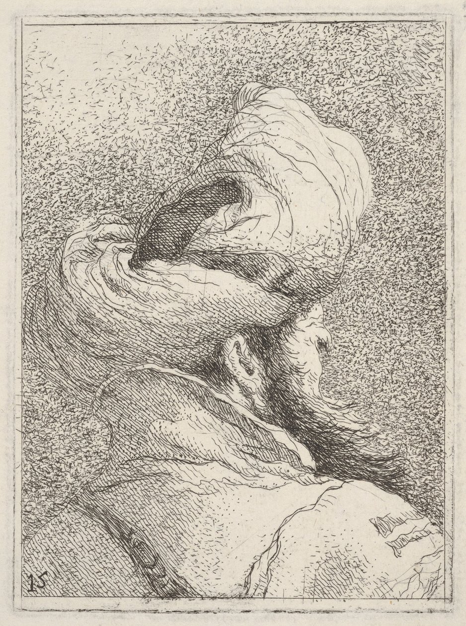 Vousatý muž v turbanu, zobrazený jako busta zezadu ve tříčtvrtečním pohledu, ze „Sbírky hlav“ (Raccolta di teste) od Giovanni Domenico Tiepolo