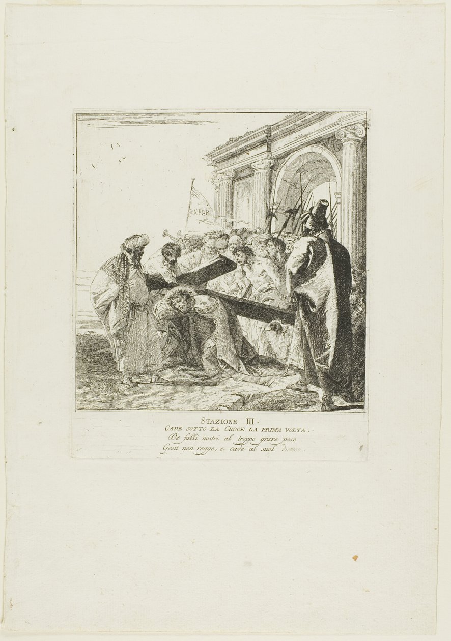 Kristus poprvé padá pod křížem, třetí deska z křížové cesty od Giovanni Domenico Tiepolo