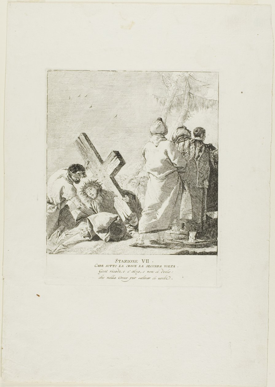 Kristus podruhé padá pod křížem, sedmá deska z křížové cesty od Giovanni Domenico Tiepolo
