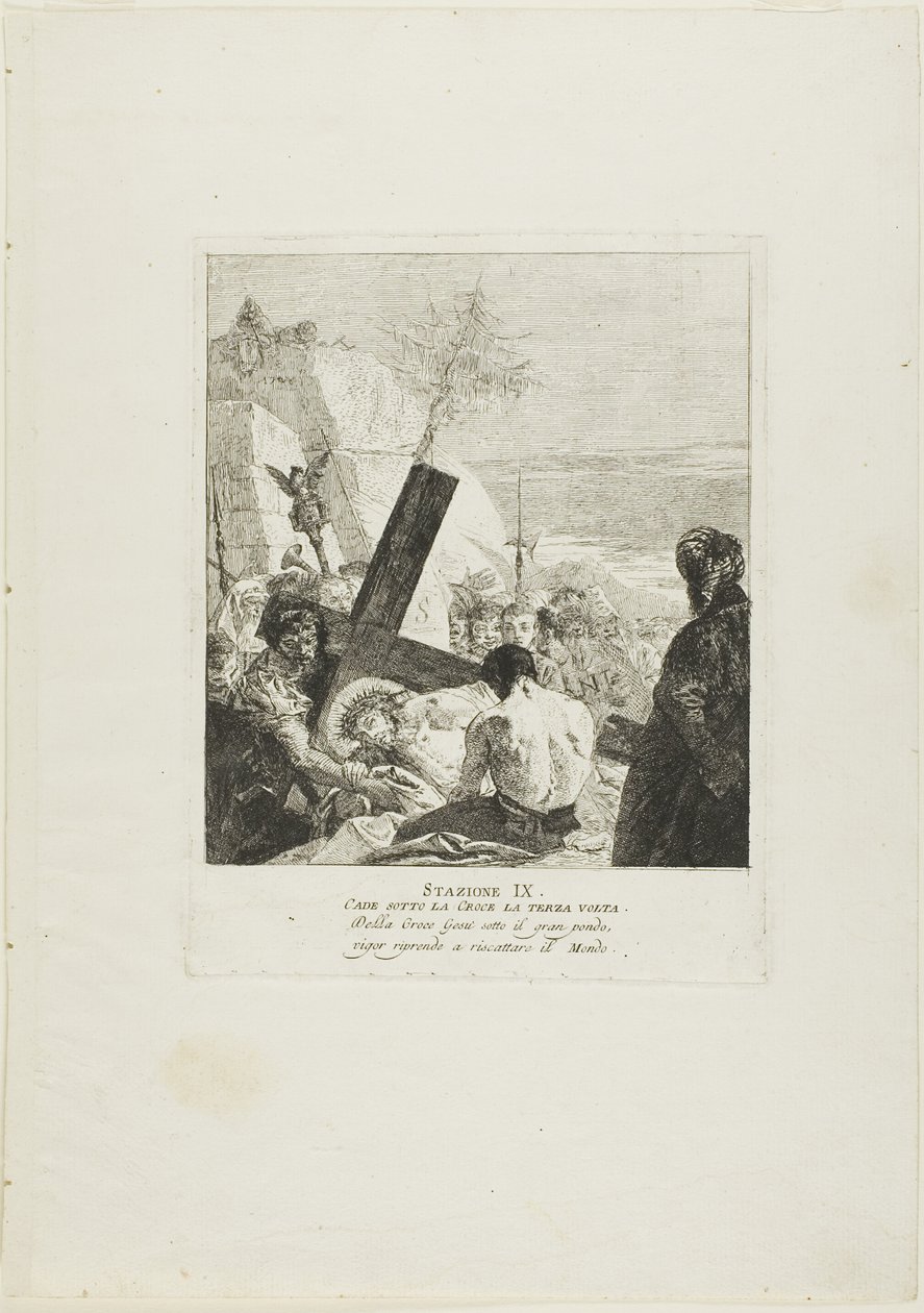 Kristus potřetí padá pod křížem, devátá deska z křížové cesty od Giovanni Domenico Tiepolo