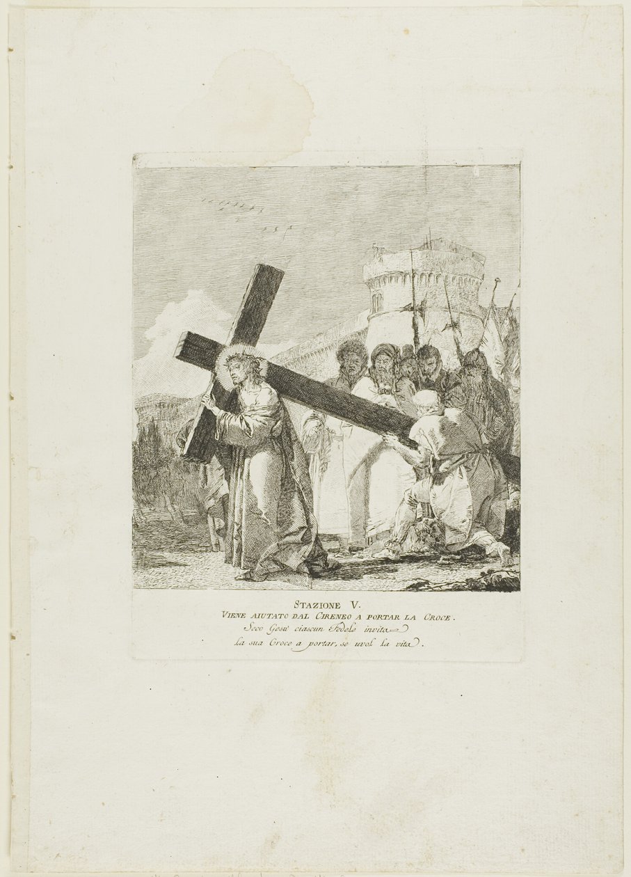 Kristu pomáhá Šimon z Kyrény, pátá deska z křížové cesty od Giovanni Domenico Tiepolo