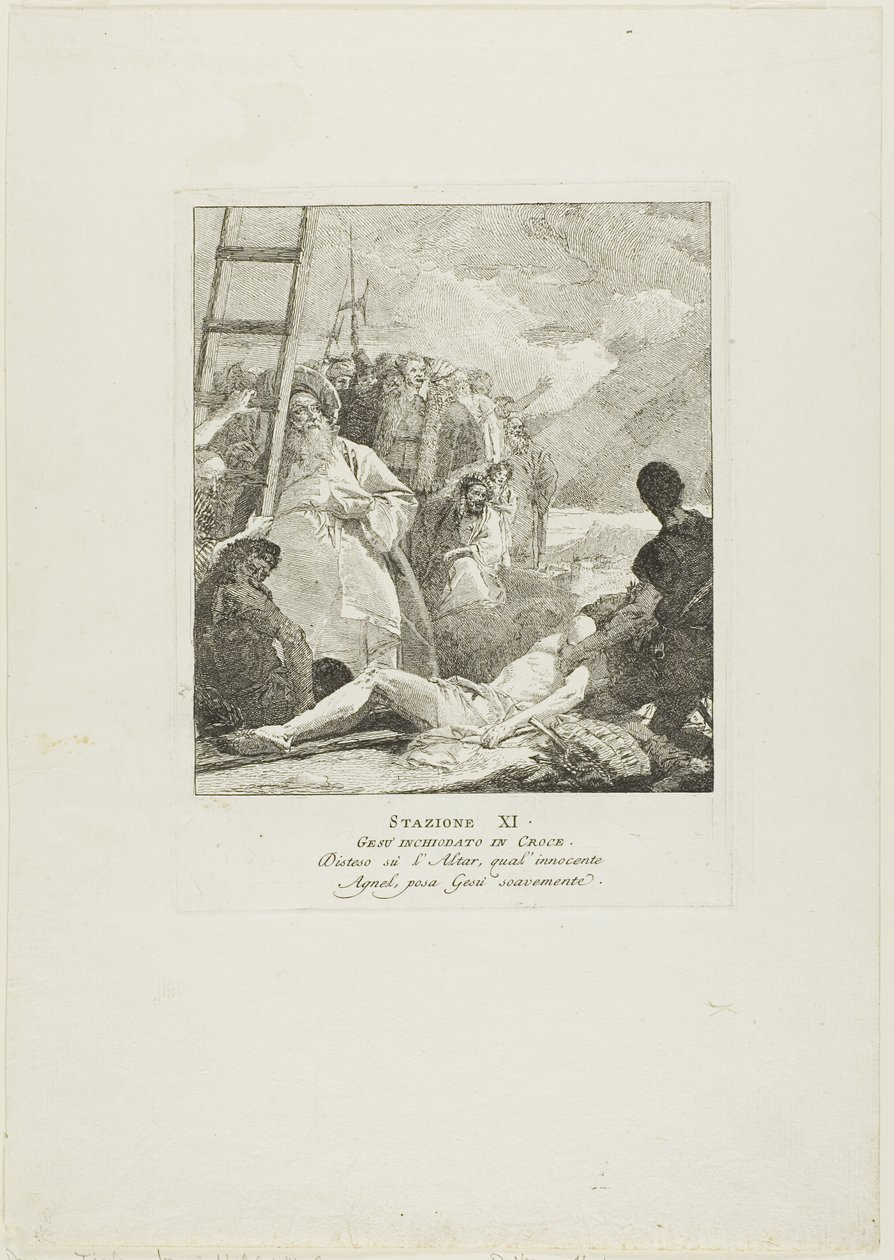 Kristus je přibit na kříž, jedenáctá deska z křížové cesty od Giovanni Domenico Tiepolo