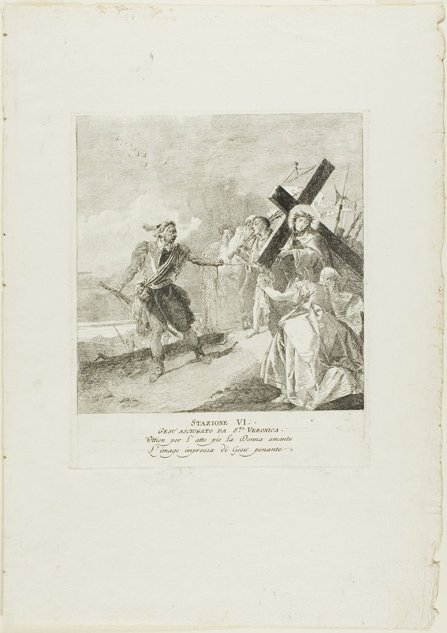 Kristova tvář je otírána svatou Veronikou, šestá deska z křížové cesty od Giovanni Domenico Tiepolo