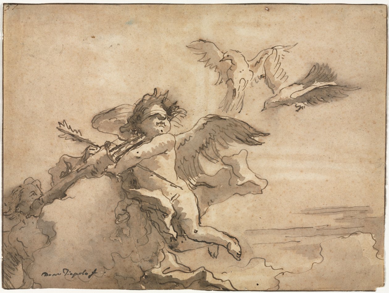 Cupid se zavázanýma očima a dvě holubice od Giovanni Domenico Tiepolo
