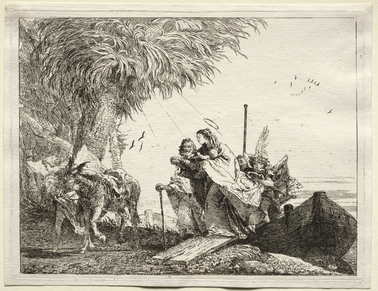 Útěk do Egypta: Svatá rodina, vylodění od Giovanni Domenico Tiepolo
